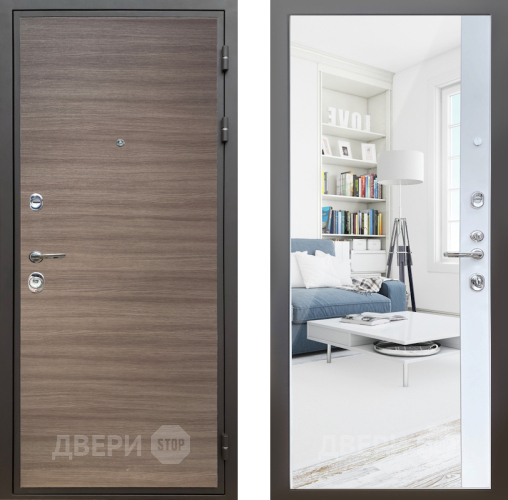 Входная металлическая Дверь Шелтер (SHELTER) Комфорт Дуб тоскано поперечный 14 с зеркалом Белый матовый в Шатуре