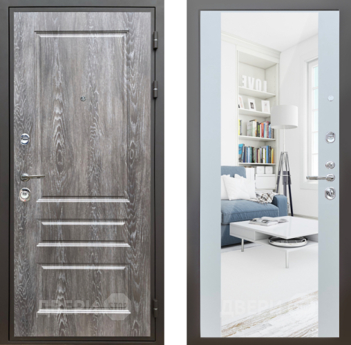 Входная металлическая Дверь Шелтер (SHELTER) Комфорт Дуб шале серебро 13 с зеркалом Белый матовый в Шатуре