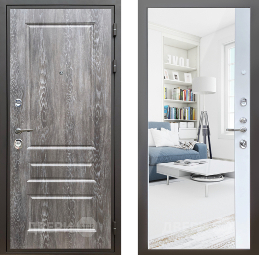 Входная металлическая Дверь Шелтер (SHELTER) Комфорт Дуб шале серебро 14 с зеркалом Белый матовый в Шатуре