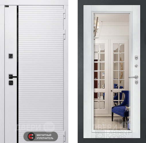 Входная металлическая Дверь Лабиринт (LABIRINT) Royal Зеркало Фацет с багетом Белый софт в Шатуре