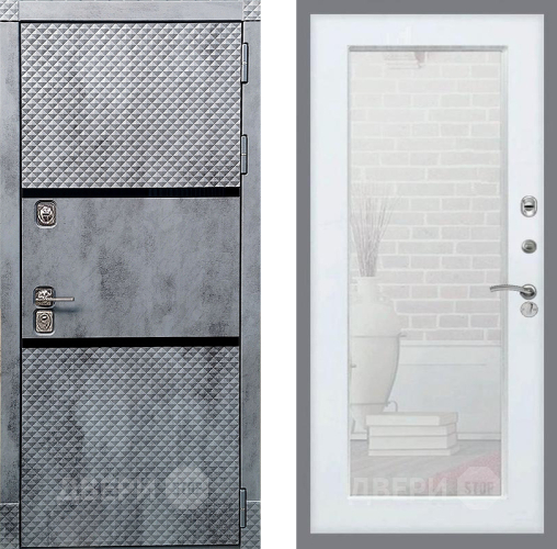 Входная металлическая Дверь Рекс (REX) 15 Бетон Темный Зеркало Пастораль Белый ясень в Шатуре